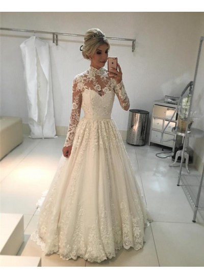 Classic A Line High Neck Lace Long Sleeves Ivory Sweetheart Wedding Dresses