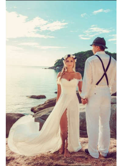 A Line Chiffon Sweetheart Side Slit Ivory Beach Off Shoulder Wedding Dresses