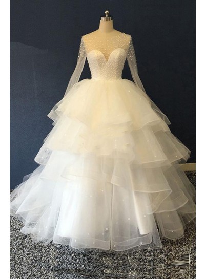 2024 New Designer Long Sleeves Tulle Ruffles Pearls Sweetheart Lace Up Back Ball Gown Wedding Dresses