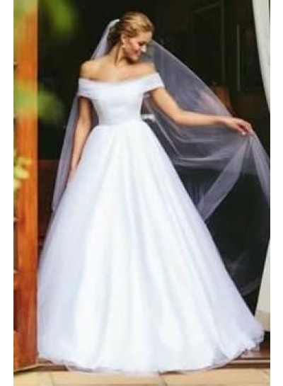 2024 Elegant A Line Off Shoulder White Tulle Long Wedding Dresses