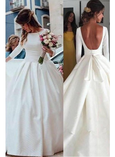 Classic A Line Long Sleeves Backless Satin Long Wedding Dresses 2024