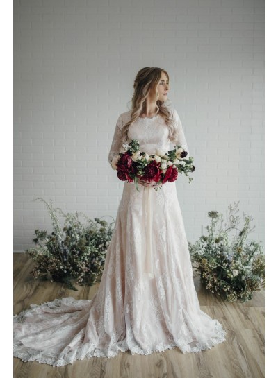2024 Elegant A Line Long Sleeves Lace Long Round Neck Wedding Dresses