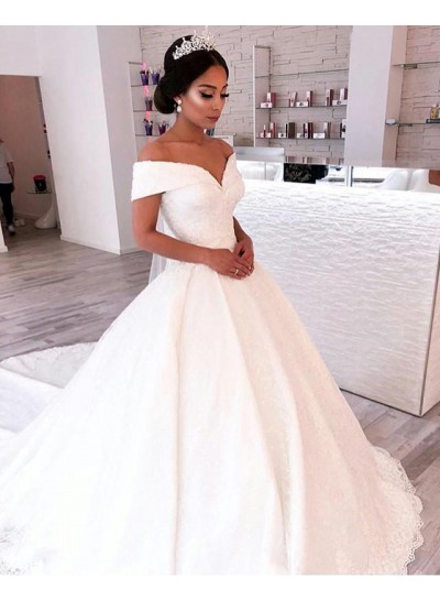 2024 A Line Elegant Off Shoulder Sweetheart Capped Sleeves Satin Long Lace Wedding Dresses