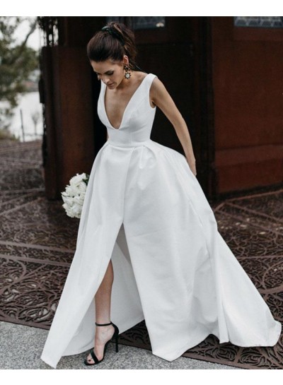 Amazing A Line Side Slit Satin V Neck Backless Long Wedding Dresses 2024 
