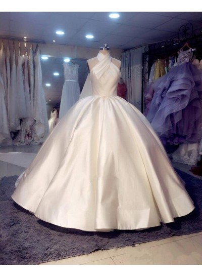 2024 Luxury Halter Satin Ball Gown Ivory Long Backless Wedding Dresses