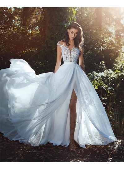2024 New Arrival A Line Chiffon Side Slit Capped Sleeves Beach Wedding Dresses
