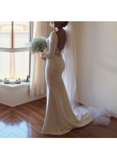 Amazing Sheath Satin Backless Long Sleeves Lace Long Side Slit Wedding Dresses 2024