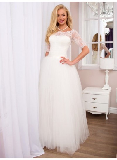 2024 A Line Tulle Off Shoulder Long Sleeves Lace Floor Length Lace Up Back Wedding Dresses