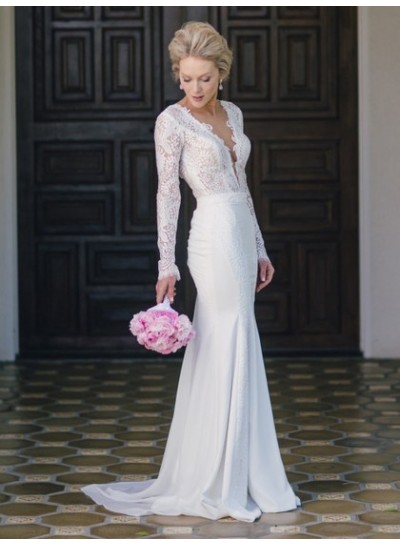 Charming Sheath Deep V Neck Long Sleeves Backless Lace 2024 Wedding Dresses