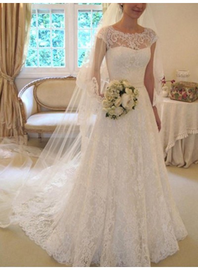 2024 Classic A Line Capped Sleeves Lace Bowknot Long Wedding Dresses