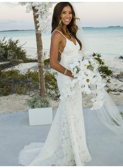 2024 New Arrival Sheath Backless Lace Sweetheart Spaghetti Straps Beach Wedding Dresses