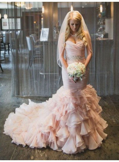 2024 Luxury Mermaid Sweetheart Organza Long Lace Up Pink Layered Wedding Dresses 