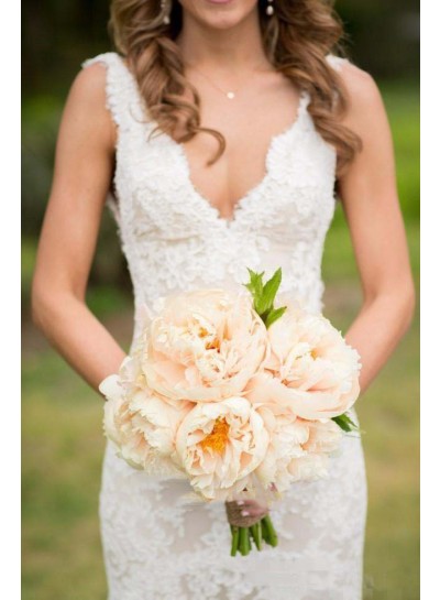 2024 Charming Sheath V Neck Backless Ivory Lace Wedding Dresses
