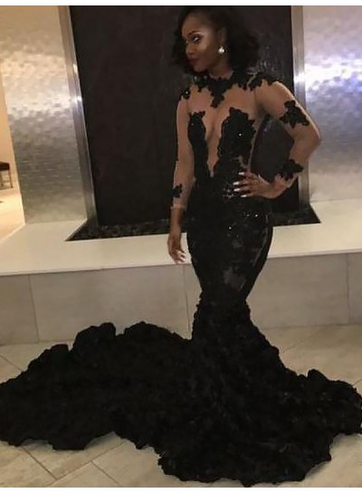 Sexy Black Mermaid See Through Long Train Long Sleeves Ruffles Prom Dresses 2024