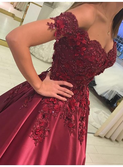 Elegant Off Shoulder Satin Sweetheart Short Sleeves Burgundy Ball Gown Prom Dresses With Appliques 2024