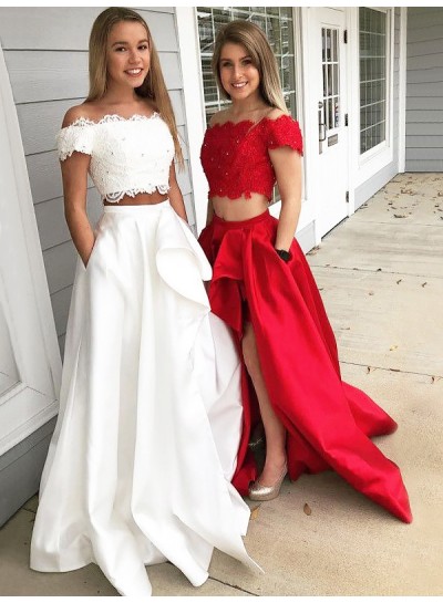 2024 New Arrival A Line Satin Red And White Off Shoulder Lace Side Slit Two Pieces Long Prom Dresses