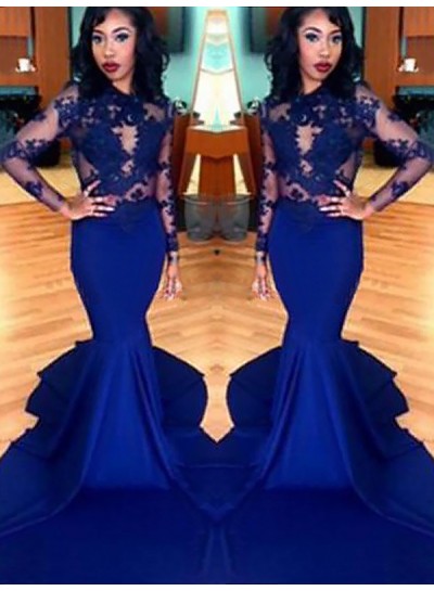 2024 Royal Blue Mermaid Long Sleeve Satin See Through Prom Dresses With Appliques