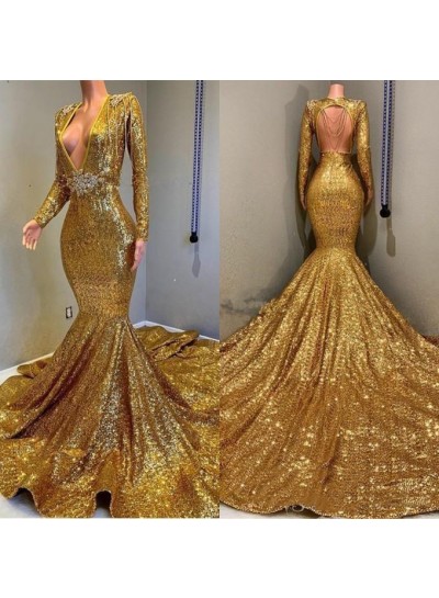 2024 Sexy Mermaid Gold V Neck Backless Long Sleeves Sequence African American Prom Dresses