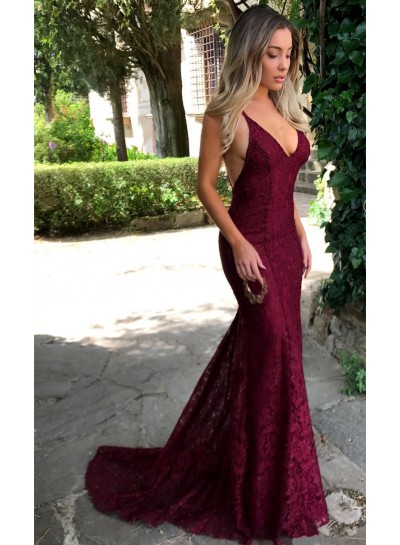 Sexy Burgundy Mermaid V Neck Backless Lace Prom Dresses 2024 