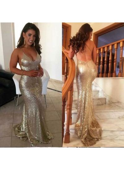 Sexy Mermaid Gold Sweetheart Halter Backless Sequence Backless 2024 Prom Dress