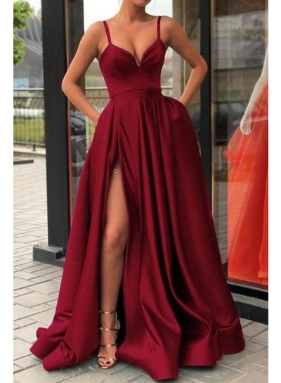 2024 New Designer A Line Sweetheart Satin Burgundy Long Prom Dress