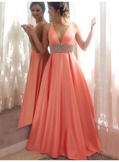 Elegant A Line Satin Coral V Neck Beaded Sash Prom Dress 2024