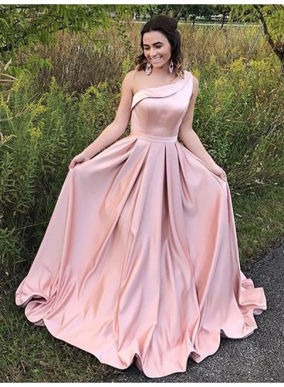 2024 Elegant A Line One Shoulder Satin Pink Long Prom Dress