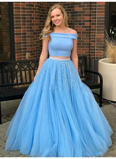 2024 Elegant Blue Off Shoulder Tulle Beaded Ball Gown Plus Size Two Pieces Prom Dress