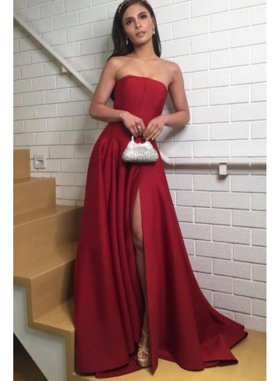 A Line Strapless Red Side Slit Satin Prom Dress 2024