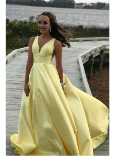 2024 A Line Satin Light Yellow Sweetheart Long Prom Dress