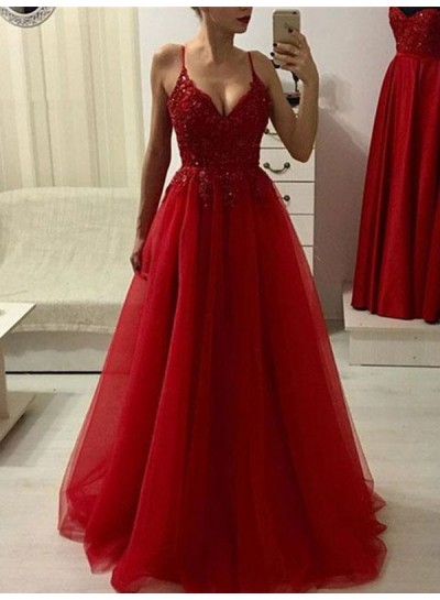2024 Red Beaded Tulle Spaghetti V Neck Sleepless Prom Dresses