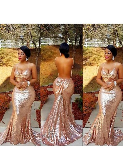 2024 Pink Low Cut Spaghetti Strap Backless Sequined Prom Dresses