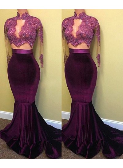 Two Piece Long Sleeve Mermaid Turtle Neck Applique Prom Dresses