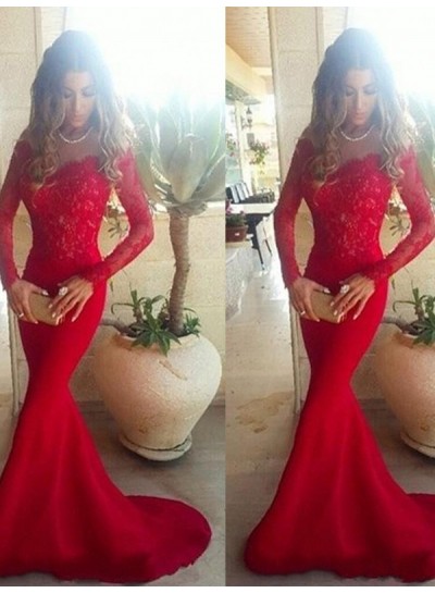 Off Shoulder Lace Long Sleeve Mesh Mermaid Red Prom Dress