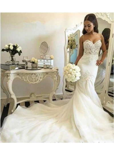 Beige Lace Up Spaghetti Strap Sweetheart Backless Mermaid Tulle Wedding Dresses