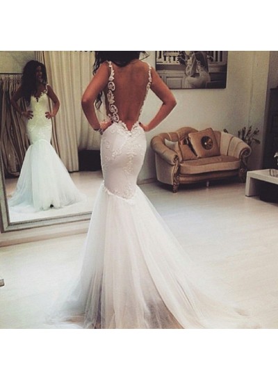 Spaghetti Strap White Backless Mermaid Tulle Bodice Wedding Dresses
