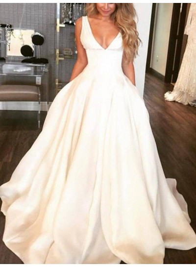 Ball Gown Ivory Deep V Neck Pleated Court Train Elegant Wedding Dresses