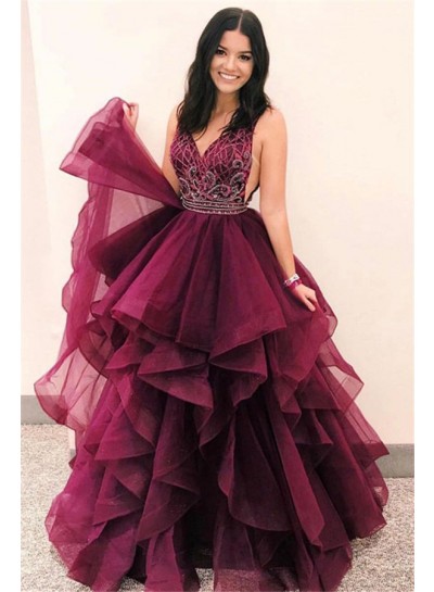 2024 Junoesque Burgundy V Neck Embroidery Beaded Tiers Organza High-Low Prom Dresses