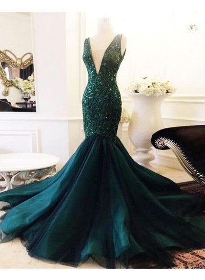 2024 Unique Dark-Green Sequins Beaded V Neck Sleeveless Tulle Mermaid/Trumpet Prom Dresses