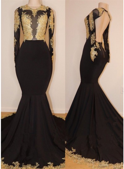 2024 Black Mermaid/Trumpet Gold Applique See Through Scoop Neck Backless Long Sleeve Prom Dresses