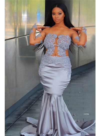 2024 Sexy Light-Slate-Gray Mermaid/Trumpet Applique Long Sleeve See Through Plus Size Prom Dresses