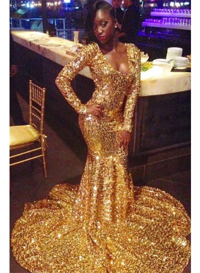 2024 Shining Gold Sequins Long Sleeve Mermaid/Trumpet Scoop Neck Plus Size Prom Dresses