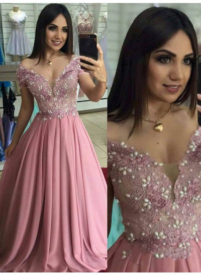 2024 Sweet Style A-Line/Princess Dusty-Rose Off-The-Shoulder V Neck Chiffon Applique Beaded Prom Dresses