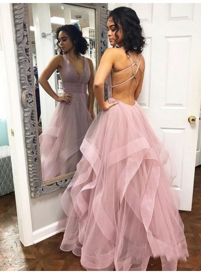 2024 Glamorous Dusty-Rose V Neck Pleated Backless Sleeveless Criss Cross Tiers Organza Prom Dresses