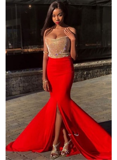 2024 Gold Red Color Blocking Sweetheart Strapless Split-Front Sequins Mermaid/Trumpet Prom Dresses