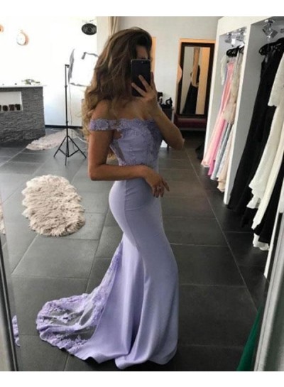 2024 Lavender Off-The-Shoulder Strapless Lace Satin Mermaid/Trumpet Prom Dresses