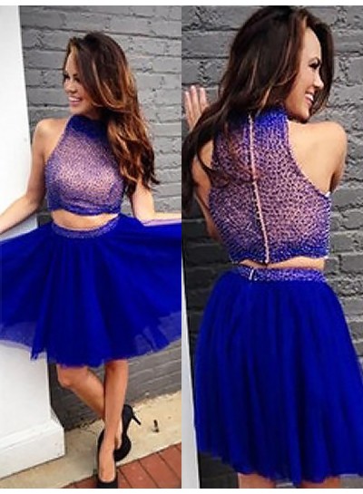 2024 A-Line/Princess Halter Sleeveless Two Piece Beading Tulle Cut Short/Mini Homecoming Dresses 