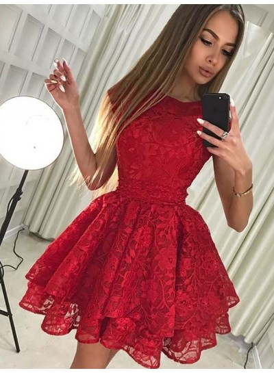2024 Ball Gown Jewel Neck Sleeveless Layers Lace Cut Short/Mini Homecoming Dresses