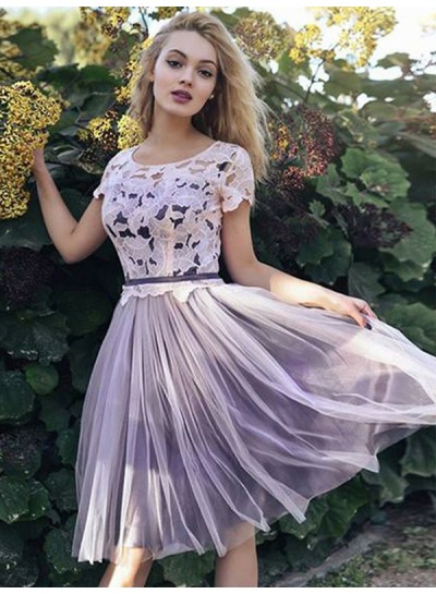 2024 A-Line/Princess Scoop Neck Short Sleeve Lace Tulle Knee-Length Homecoming Dresses