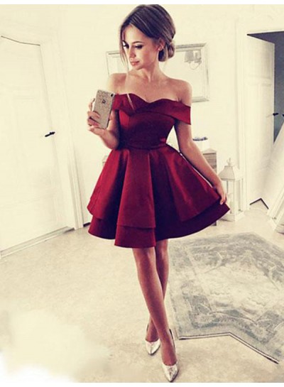 2024 Burgundy Cut Shorts Layers Off-The-Shoulder Sweetheart Mini A-Line/Princess Homecoming Dresses